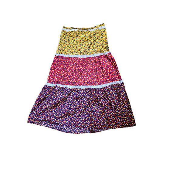 Vintage 70s Prairie Maxi Skirt Boho Calico Floral Patchwork Tiered Lace - Picture 2 of 7
